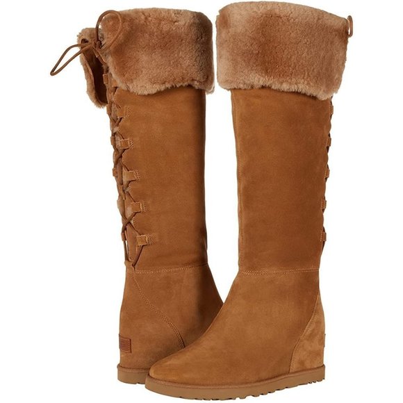 NIB UGG FEMME OVER‎ THE KNEE WOMEN'S LACE UP SUEDE SHEARLING CUFF BOOTS CHESTNUT - Picture 1 of 13